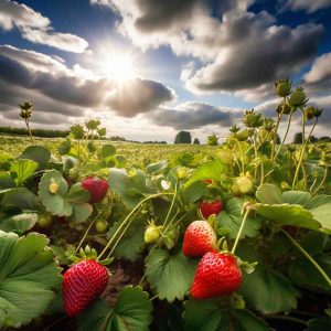 jordbær mark med skyer og solskin