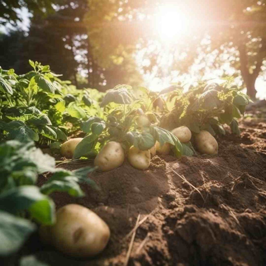 kartoffeldyrkning kartofler der ligger på jorden sammen med deres planter i en have hvor solen skinner gennem træerne